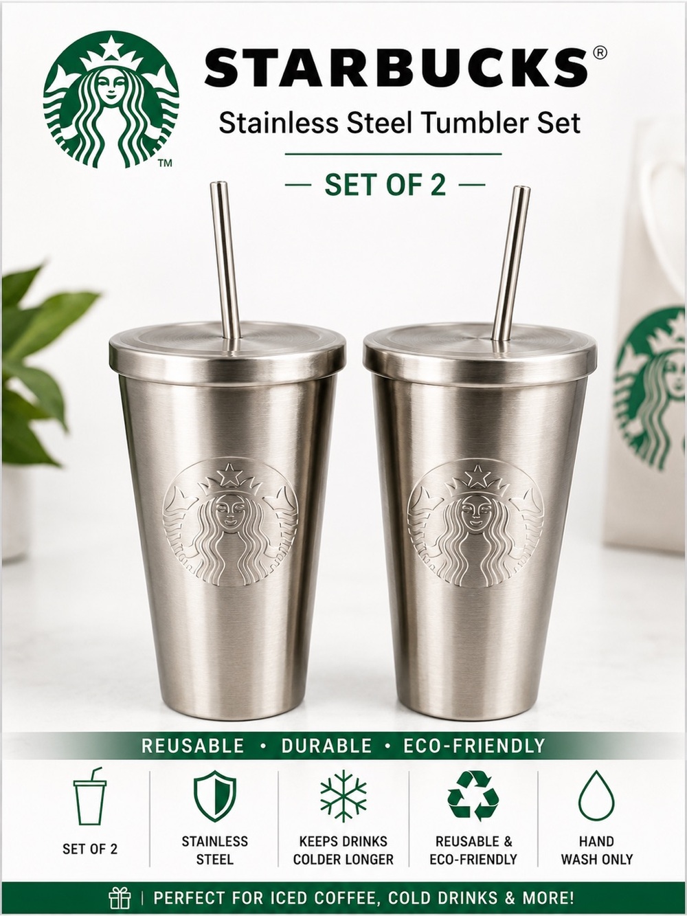 Starbucks Stainless Steel Cold Cup Tumbler Set of 2 w/ Metal Straws & Lids NWT